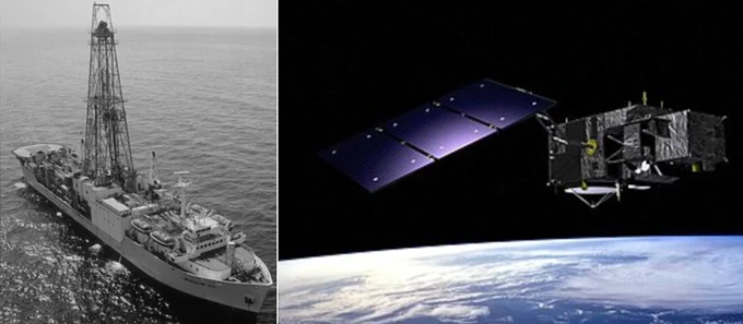 Infrastructures de recherche dont l'empreinte carbone a été évalué, tel le navire international Joides Resolution, capable de forer le fond océanique, ou le satellite Européen Sentinel-3 réalisant un suivi de l'océan et de la végétation. © Ocean Drilling Program science operator at Texas A&M University (gauche) et ESA - J. Huart, 2008 (droite)