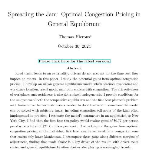 Screenshot of Thomas Heirons' Job Market Paper Abstract, "Spreading the Jam: Optimal Congestion Pricing in General Equilibrium"