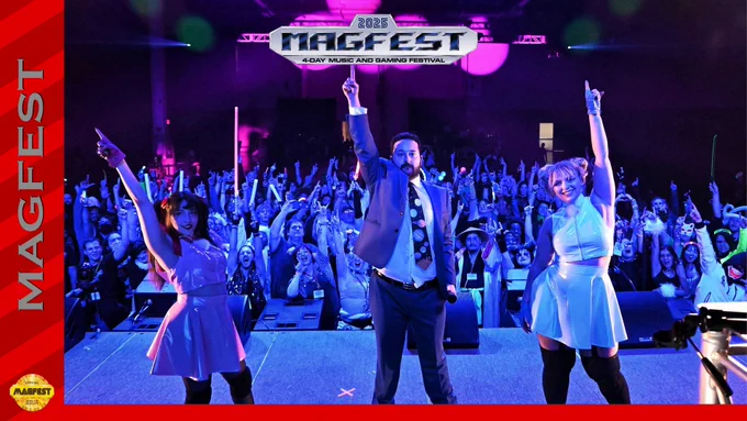 The band photo for Tiara Tastemaker & His Precious Gemstones is shown. Tiara (center) is accompanied by Aqua and Ruby at either side. They stand on stage with the crowd behind them striking a pose.