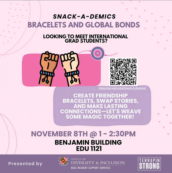 Flyer for Snack-a-demics bracelets and global bonds event with two hands wearing friendship bracelets