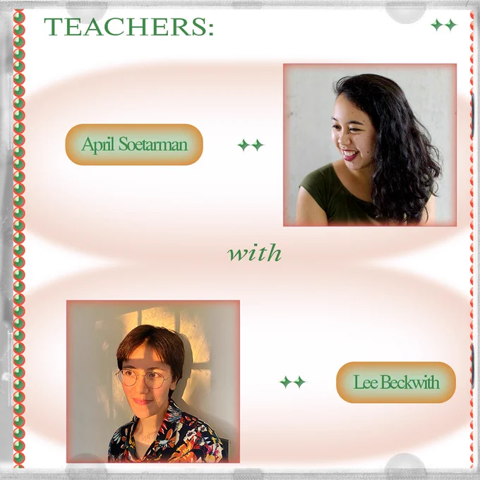 Graphic with teacher photos. April’s photo description is: April, an Indonesian-American woman with long dark curly hair, is smiling while looking to the side off-camera. She is wearing a green top in front of a grey cement background. Lee’s photo description is: Lee, a white-passing person with short brown hair and wire glasses, stands in a swath of yellow-orange light that has filtered through a window. They wear a navy collared shirt with colorful leaves and flowers on it.