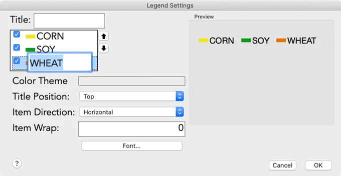 In JMP Graph Builder. graph legends can be customized by right-clicking on the legend title and selecting Legend Settings or by double-clicking on the legend itself. 