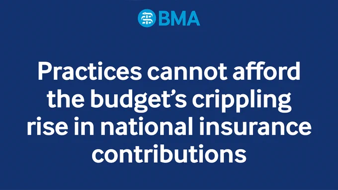Text on blue background by BMA stating: Practices cannot afford the budget's crippling rise in national insurance contributions.