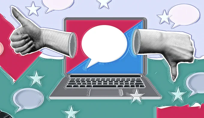 Illustration of a laptop showing a thumbs-up and a thumbs-down coming out from its screen, surrounded by speech bubbles and stars on a patterned background.