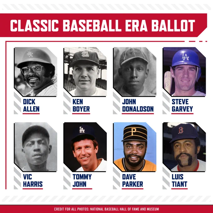 The Classic Baseball Era ballot includes Dick Allen, Ken Boyer, John Donaldson, Steve Garvey, Vic Harris, Tommy John, Dave Parker and Luis Tiant. (All photos National Baseball Hall of Fame and Museum)