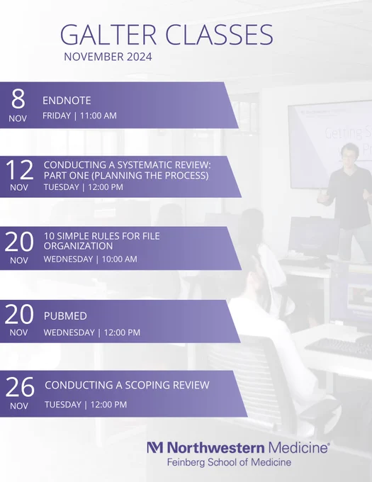 EndNote - Fri, November 8 11:00 AM CST
Conducting a Systematic Review: Part 1 - Planning the Process - Tue, November 12 12:00 PM CST
10 Simple Rules for File Organization - Wed, November 20 10:00 AM CST
PubMed - Wed, November 20 12:00 PM CST 
Conducting a Scoping Review - Tue, November 26 12:00 PM CST 
