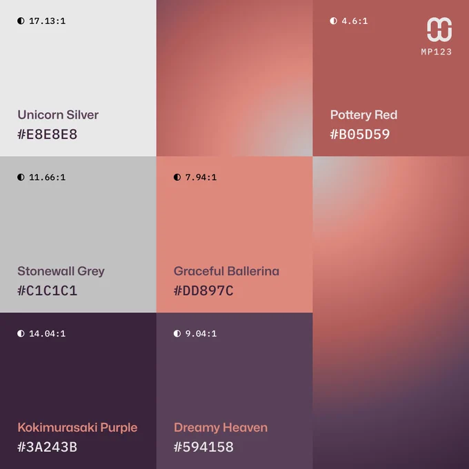 Mindful Palettes Series № 123 - Color dominance grid and sampler with color codes #E8E8E8, #C1C1C1, #DD897C, #B05D59, #594158, #3A243B