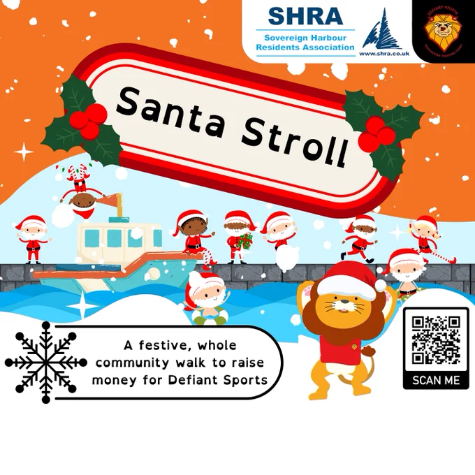 A graphic showing various Santas and elfs around a harbour with the text "A festive, whole community walk to raise money for Defiant Sports".