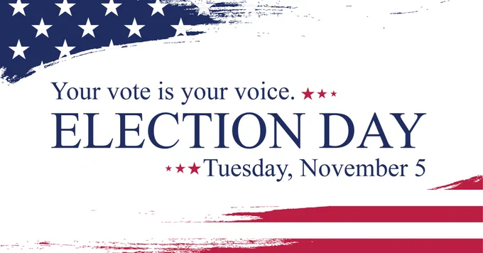 Flag graphic with text reading "Your vote is your voice. Election Day Tuesday, November 5."