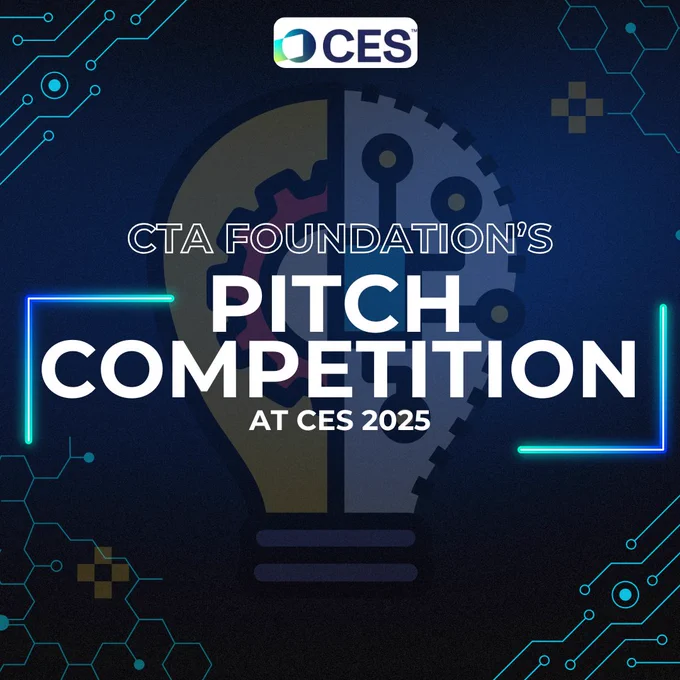 Graphic for CTA Foundation's Pitch Competition at CES 2025, featuring a lightbulb design split between circuit and gear patterns, with the CES logo at the top. 