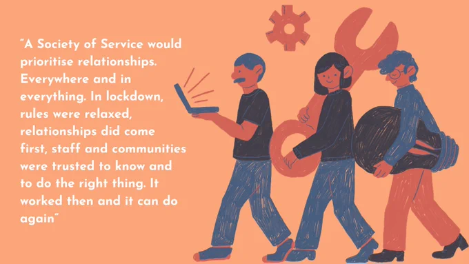 Illustration of three people walking one behind the other, holding a lightbulb, spanner and laptop. Text reads: "A Society of Service would prioritise relationships. Everywhere and in everything. In lockdown, rules were relaxed, relationships did come first, staff and communities were trusted to know and to do the right thing. It worked then and it can do again"