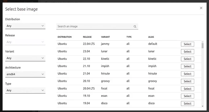Screenshot: Selection of installable images on LXD