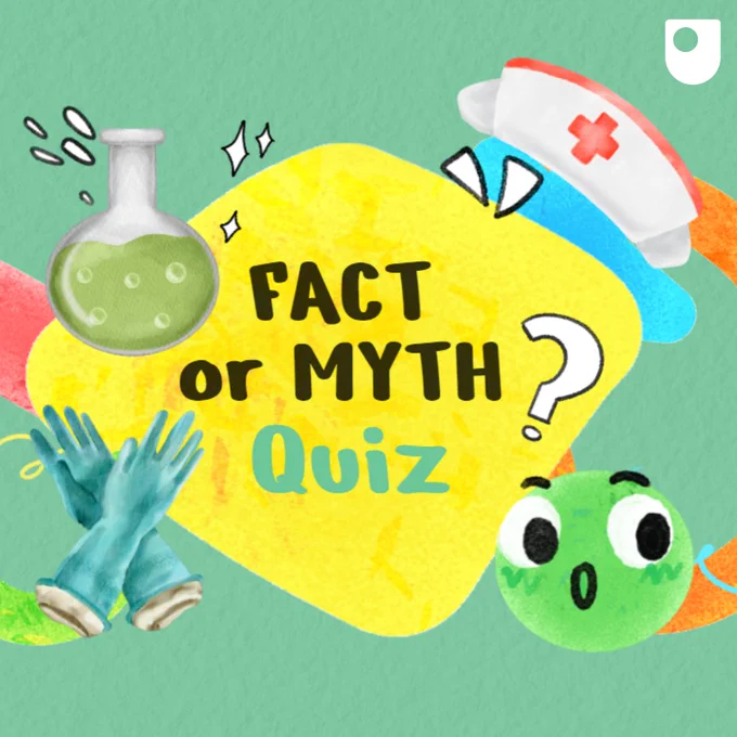 Image shows test tube, rubber gloves, and PPE with the following text in bold : Fact or Myth Quiz to promote new OU interactive