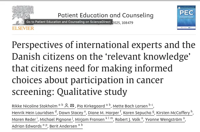 Screen shot of paper titled, "Perspectives of international experts and the Danish citizens on the 'relevant knowledge' that citizens need for making informed choices about participation in cancer screening: Qualitative study'.