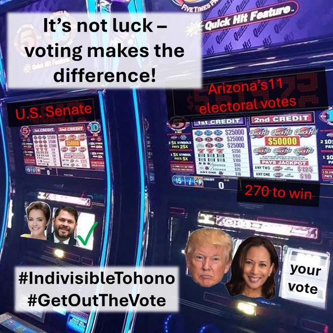 An image of two casino slot machines.  Caption reads: "It’s not luck – voting makes the difference!"  One slot machine marquee reads "U.S. Senate" while below there are headshots of Kari Lake and Ruben Gallego and a voting checkmark.  The other slot machine marquee reads "Arizona’s 11 electoral votes" and "270 to win" and below there are headshots of Donald Trump and Kamala Harris next to the text "your vote". Embedded hashtags include: #IndivisibleTohono #GetOutTheVote