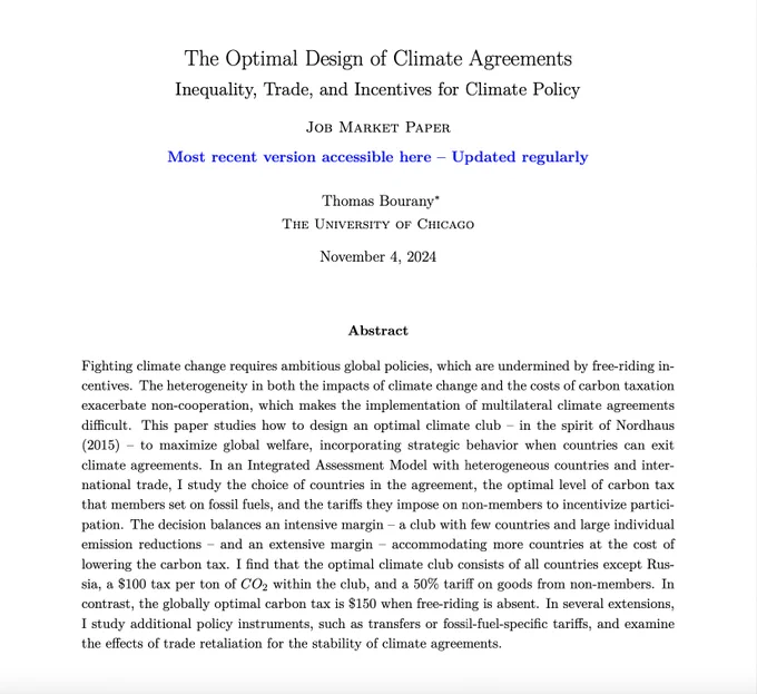 A screenshot of Thomas Bourany's Job Market Paper abstract, "The Optimal Design of Climate Agreements"