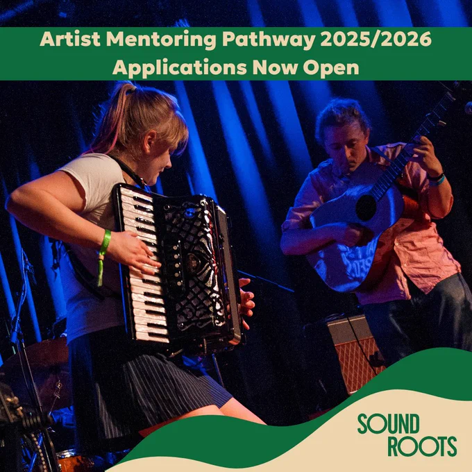 An image with text that reads: Artist Mentoring Pathway 2025/2026, Applications Now Open. There is a Sound Roots logo in the bottom right corner. The main part of the graphic features a photo taken by Mike Ainscoe of the Heather Ferrier Trio performing live at Matt & Phreds. Text ends.