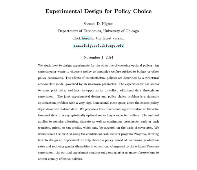 Screenshot of the abstract for Samuel Higbee's Job Market Paper, "Experimental Design for Policy Choice"