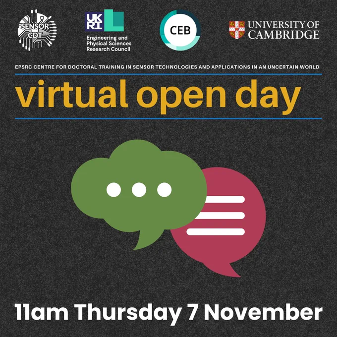 The ESPRC Sensor CDT virtual open day is at 11am on Thursday 7 November, with the Department of Chemical Engineering and Biotechnology.