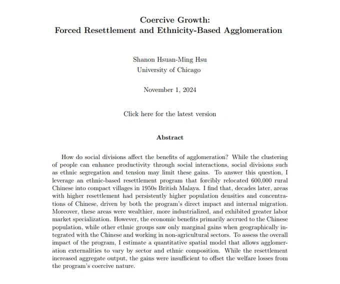 Screenshot of Shanon Hsuan-Ming Hsu's Job Market Paper Abstract "Coercive Growth: Forced Resettlement and Ethnicity-Based Agglomeration"