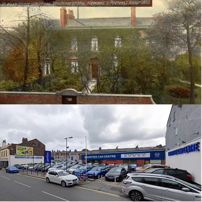 Two landscape images combined vertically. The top image shows a sketch of Felicia’s Wavertree home at 17 High Street. The bottom image is a screenshot of Google Street View showing the same location in June 2024, now Wavertree Car Centre.