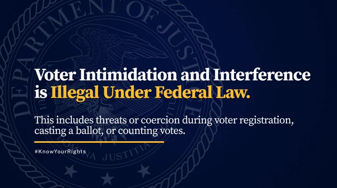 Voter intimidation and interference is illegal under federal law. This includes threats or coercion during voter registration, casting a ballot, or counting votes. #KnowYourRights