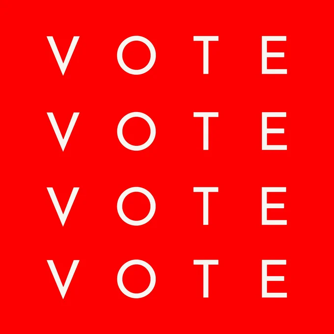A bright red background with repeated white text that says “VOTE”