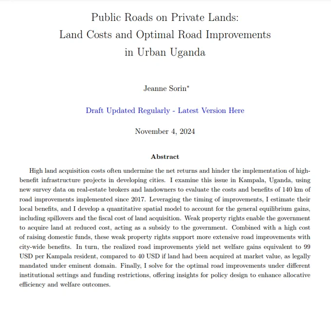 Screenshot of Jeanne Sorin's Job Market Paper Abstract, "Public Roads on Private Lands: Land Costs and Optimal Road Improvements in Urban Uganda"