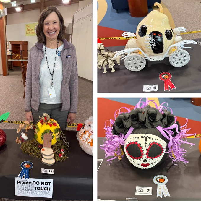 Spanish Springs winners include, in first place, Ann's yellow pumpkin decorated to look like a cottage; in third place, Ben's white pumpkin decorated to look like a creepy horse-drawn carriage; and Shannon's Day of the Dead-themed pumpkin in third place.