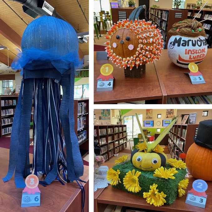 Incline Village winners include a tie for first place by Phyllis' pumpkin covered in candy corn, and Natalie's pumpkin painted to look like a package of ramen; in second place, Amanda's bumblebee pumpkin; and in third place, Louise's blue jellyfish pumpkin with long tentacles.