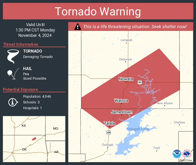 This graphic displays a tornado warning plotted on a map. The warning is in effect until 1:30 PM CST. The warning includes Nowata OK, Talala OK and Jamestown OK.  This warning is for Southern Washington County Is Cancelled. The threats associated with this warning are a observed tornado and pea sized hail. There are 4,946 people in the warning along with 3 schools and 1 hospital.