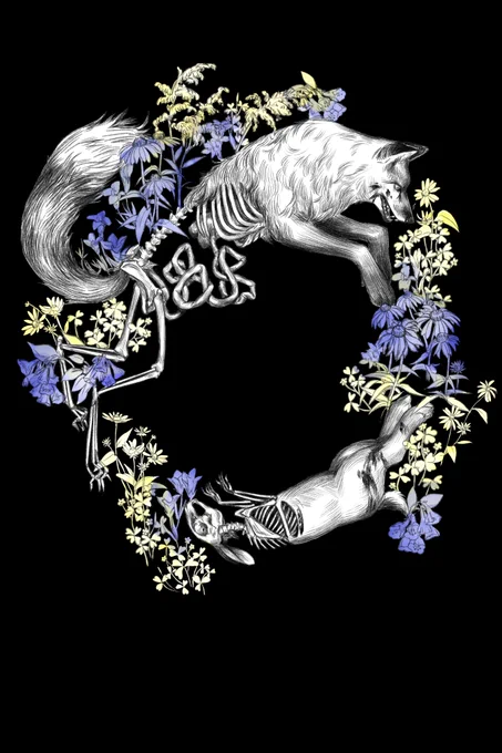
Predominantly black and white illustration of a fox and a rabbit chasing each other in a circle. The lower half of the fox's body has rotted away revealing bones and intestines. The upper half of the rabbit's body has rotted away to reveal it's skull. They are surrounded by blue and yellow wildflowers. 