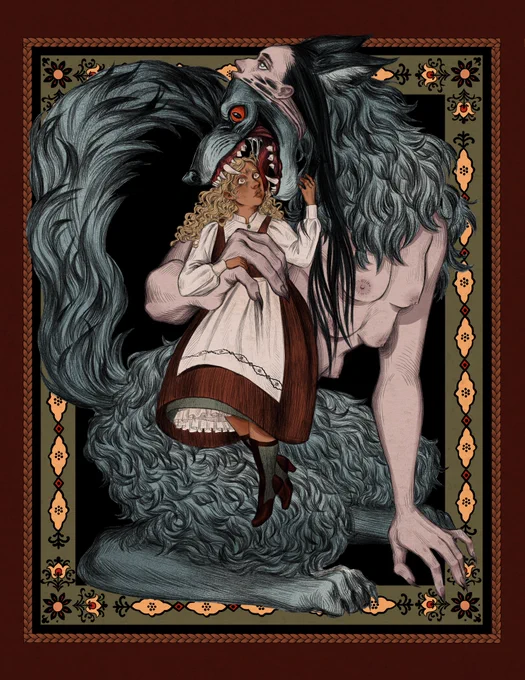 Illustration of a large werewolf woman holding up a human woman surrounded by a folk art design frame. The werewolf has a wolf face ripping out of the mouth of her human face. She has six tits and human arms, and a wolf lower body. The human woman has brown skin and blond curly hair, wearing a old fashioned german dress. She looks scared, and her head is in the wolf's mouth. 