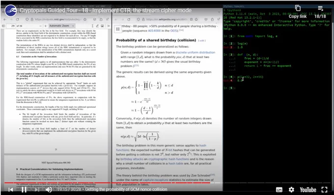 Cryptopals Guided Tour Video 18 - Implement CTR - Screenshot of Video at minute 19 - Getting the probability of GCM nonce collision