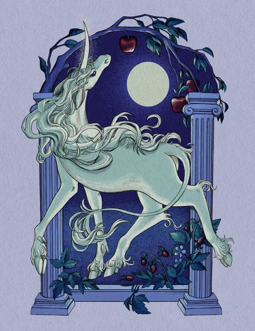 Drawing of a white unicorn walking in front of an arch made up of two ionic columns and a branch of an apple tree. It is night and the full moon shines through the arch. 