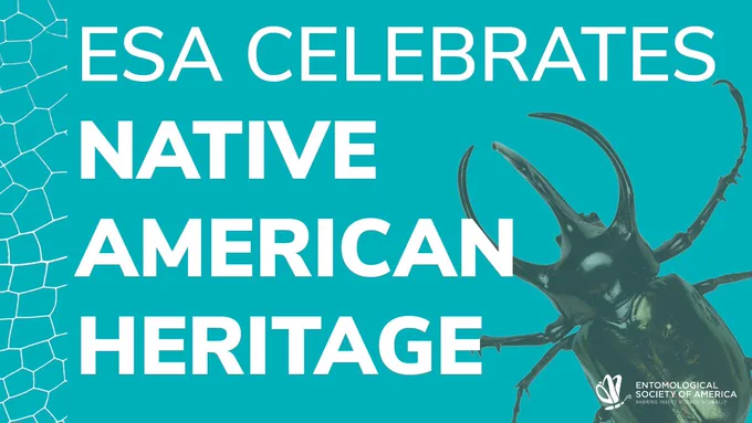 White text on a teal background reading "ESA Celebrates Native American Heritage." Along the left border of the image is an insect wing vein pattern. At bottom right is an image of a black stag beetle, and the ESA logo also appears in white in the bottom right corner.