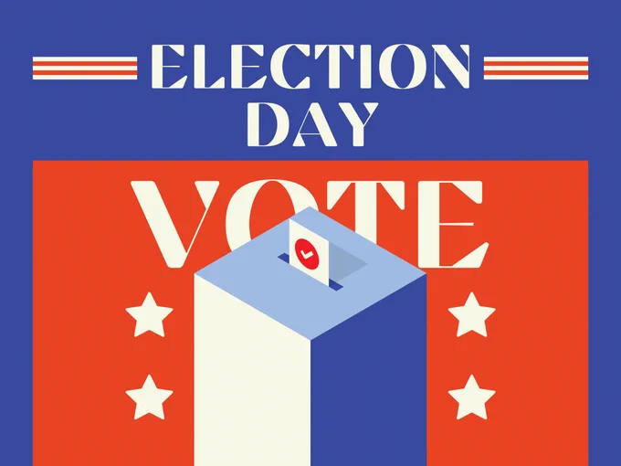 Graphic with a cartoon of a ballot box with the text "Election Day Vote"