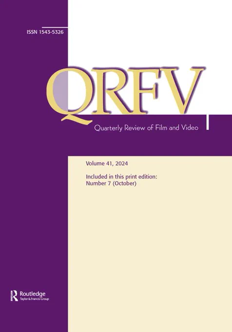 On the left, the cover of the latest issue of "QRFV" (Quarterly Review of Film and Video) with a simple geometric layout in plum and cream colors.