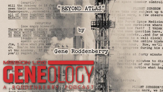 Cover art for the podcast, Mission Log Gene-ology, featuring a design of a script interwoven with a picture of the Sputnik launch.
