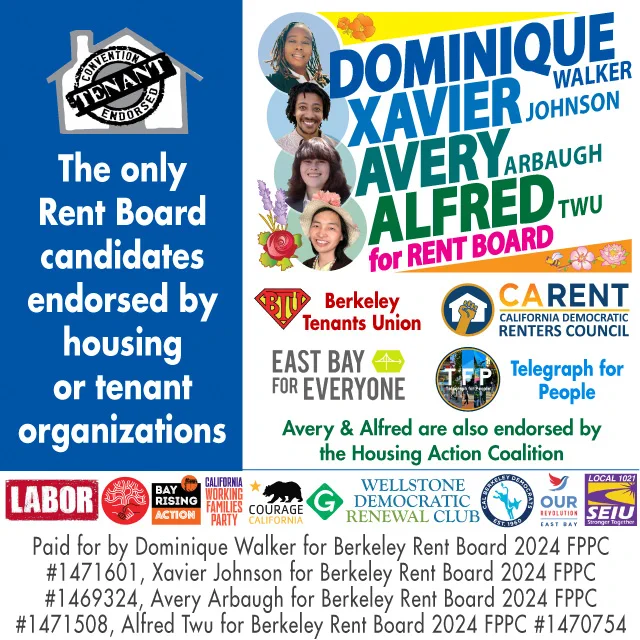 The only Rent Board candidates endorsed by housing or tenant organizations.  Dominique Xavier Avery Alfred logo with Berkeley Tenants Union, California Democratic Renters Council, East Bay for Everyone, Telegraph for People logos.  Avery and Alfred are also endorsed by the Housing Action Coalition.  Logos for Alameda Labor Council, EBDSA, Bay Rising Action, CA Working Families Party, Courage California, Alameda County Greens, Wellstone Democratic Renewal CLub, Cal Berkeley Democrats, Our Revolution East Bay, and SEIU 1021