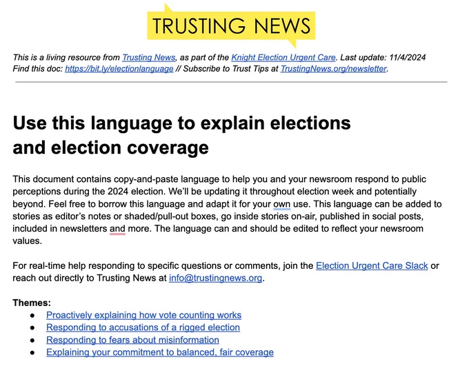 Screengrab of google doc: Use this language to explain elections and election coverage