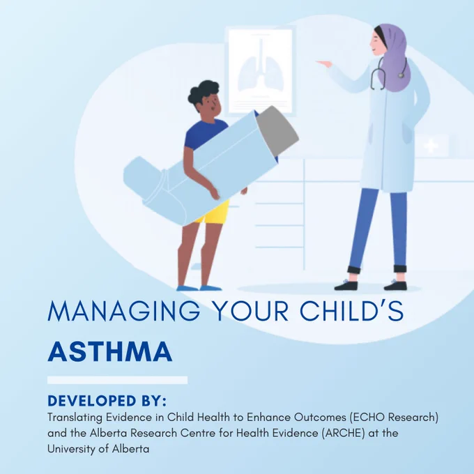Title: managing your child's asthma 
Subtitle: developed by Translating Evidence in Child Health to Enhance Outcomes (ECHO Research) and the Alberta Research Centre for Health Evidence (ARCHE) at the University of Alberta. 
Image: child holding a large than life sized inhaler beside a doctor, with clinic exam room background decorations behind them.  