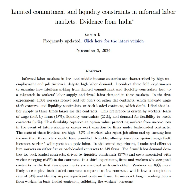 Screenshot of Varun K's Job Market Paper Abstract, "Limited commitment and liquidity constraints in informal labor markets: Evidence from India"