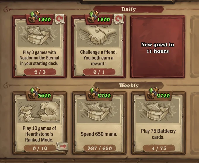 Hearthstone Quest log showing 0/1 Challenge a Friend, 2/3 Nozdormu, and an empty daily Quest slot. A full Weekly Quest log of 0/10 play 10 ladder games, 387/650 spend mana, 4/75 play battlecry minions.