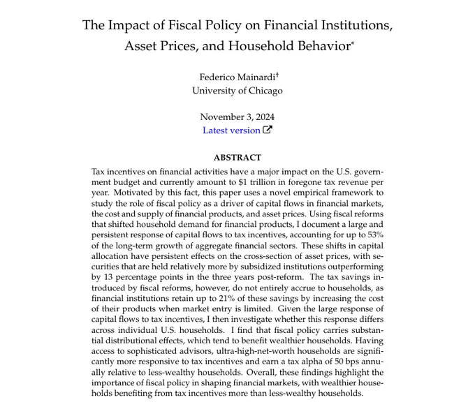 Screenshot of Federico Mainardi's Job Market Paper Abstract, "The Impact of Fiscal Policy on Financial Institutions, Asset Prices, and Household Behavior"