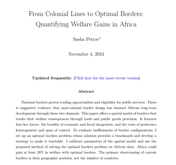 Screenshot of Sasha Petrov's Job Market Candidate Abstract, "From Colonial Lines to Optimal Borders: Quantifying Welfare Gains in Africa"