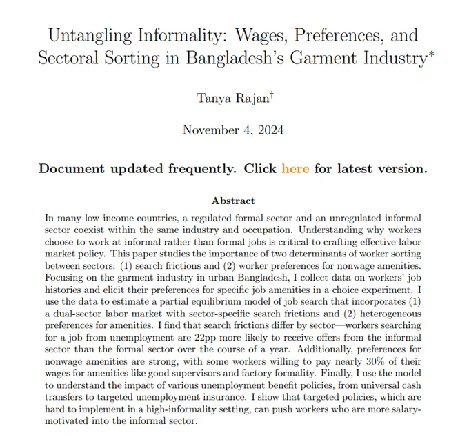 Screenshot of Tanya Rajan's Job Market Paper Abstract, "Untangling Informality: Wages, Preferences, and Sectoral Sorting in Bangladesh's Garment Industry"