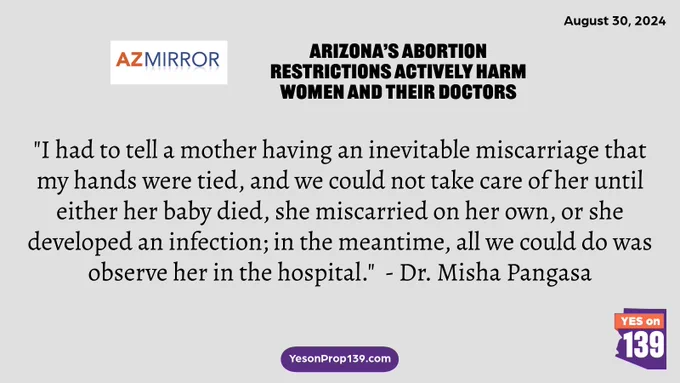  Light gray background, black text. Source title: “Arizona’s abortion restrictions actively harm women and their doctors,” AZ Mirror, Aug 30, 2024. Quote: “I had to tell a mother having an inevitable miscarriage that my hands were tied, and we could not take care of her until either her baby died, she miscarried on her own, or she developed an infection; in the meantime, all we could do was observe her in the hospital.”