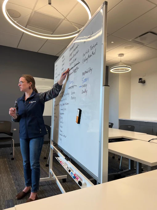 Person standing at a white board with writing on it in a classroom setting