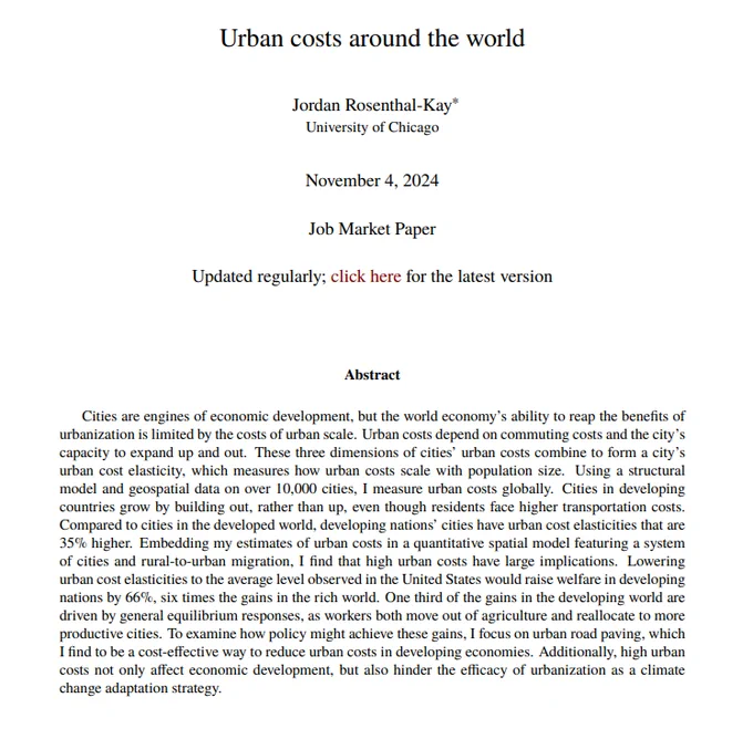 Screenshot of Jordan Rosenthal-Kay's Job Market Paper Abstract, "Urban costs around the world"